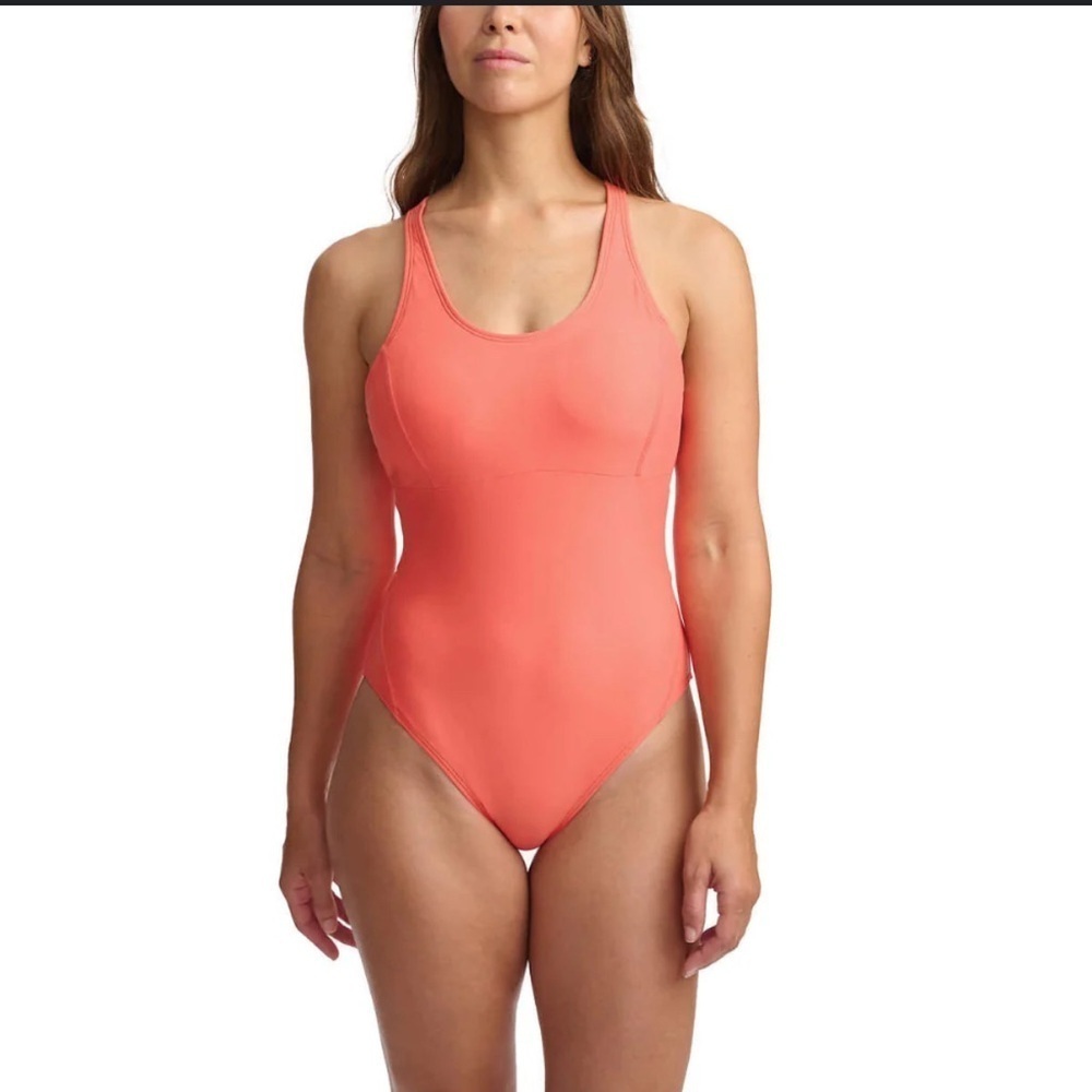 Orange One-Piece Swimsuit with Scoop Neckline and Wide Straps